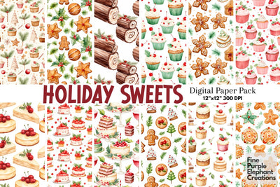 Watercolor Christmas Holiday Desserts Digital Pattern Fine Purple Elephant Creations 