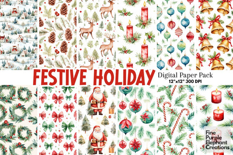 Watercolor Christmas Holiday Digital Pattern Fine Purple Elephant Creations 