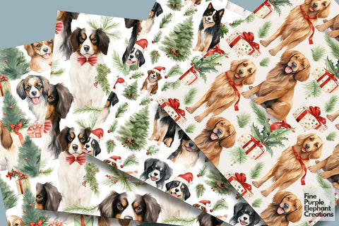 Watercolor Christmas Holiday Dogs Digital Pattern Fine Purple Elephant Creations 