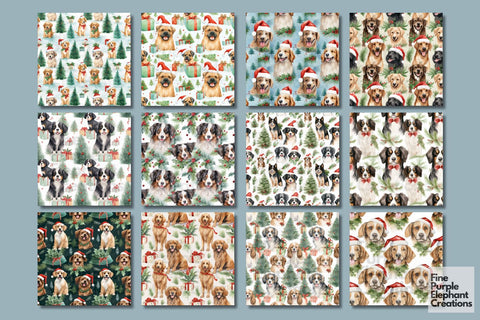 Watercolor Christmas Holiday Dogs Digital Pattern Fine Purple Elephant Creations 