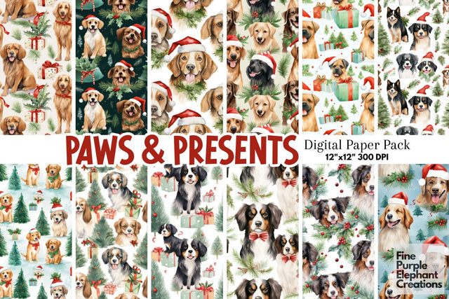 Watercolor Christmas Holiday Dogs Digital Pattern Fine Purple Elephant Creations 