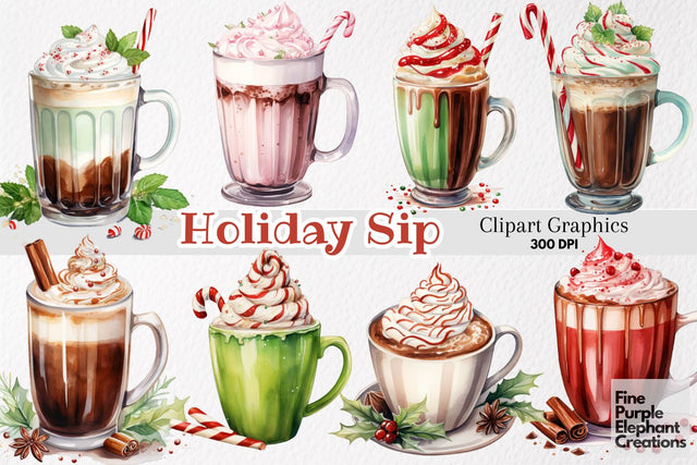 Watercolor Christmas Holiday Hot Chocolate Drinks Sublimation Fine Purple Elephant Creations 