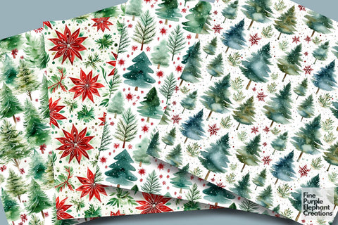 Watercolor Christmas Pine Trees Digital Pattern Fine Purple Elephant Creations 
