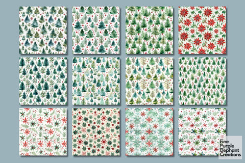 Watercolor Christmas Pine Trees Digital Pattern Fine Purple Elephant Creations 