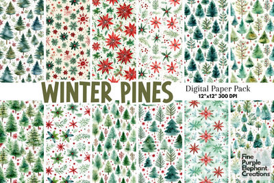 Watercolor Christmas Pine Trees Digital Pattern Fine Purple Elephant Creations 