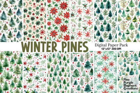 Watercolor Christmas Pine Trees Digital Pattern Fine Purple Elephant Creations 