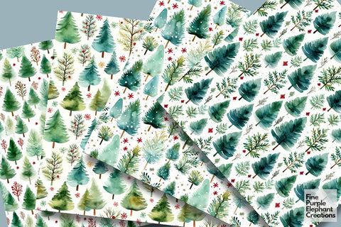 Watercolor Christmas Pine Trees Digital Pattern Fine Purple Elephant Creations 