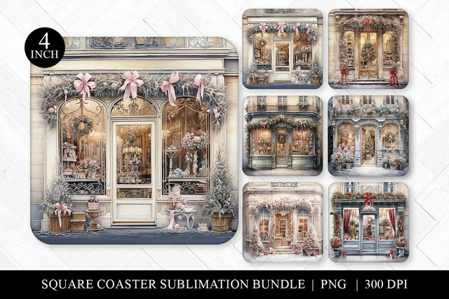 Watercolor Christmas Shop Square Coaster Sublimation Bundle Sublimation BijouBay 