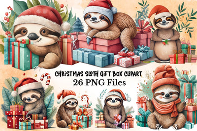 Watercolor Christmas Sloth Gifts Clipart Sublimation Rupkotha 