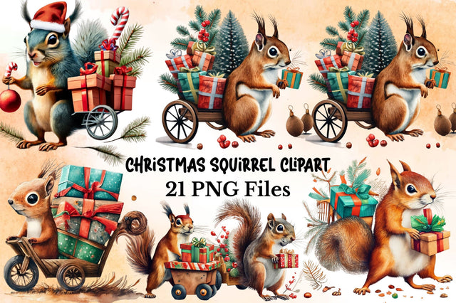 Watercolor Christmas Squirrel Gifts Clipart Sublimation Rupkotha 