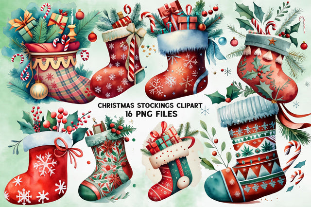Watercolor Christmas Stockings Clipart Sublimation Rupkotha 