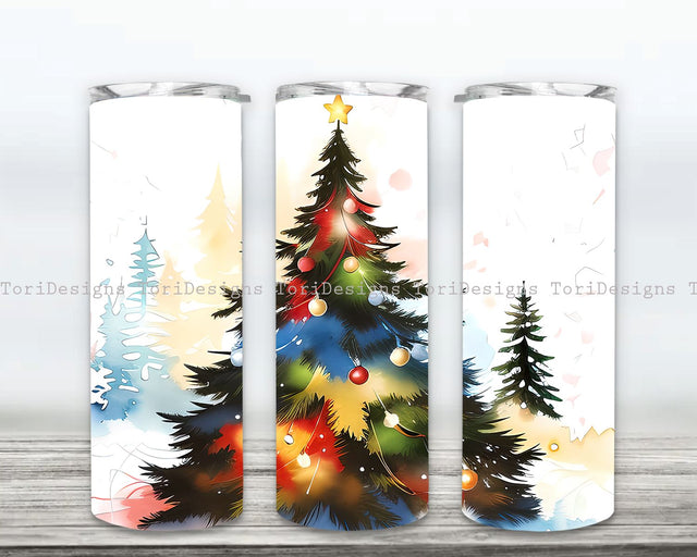 Watercolor Christmas Tree 20oz Tumbler Sublimation Wrap, Pine Trees Straight and Tapered Tumbler Wrap PNG Sublimation ToriDesigns 