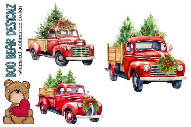 Watercolor Christmas tree Truck Clipart Sublimation Boo Bear Designz 