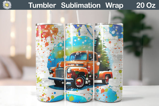 Watercolor Christmas Vintage Truck Tumbler Wrap Sublimation WatercolorColorDream 