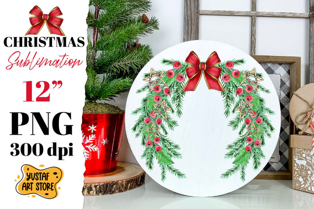 Watercolor Christmas Wreath Sublimation.Christmas round sign Sublimation Yustaf Art Store 