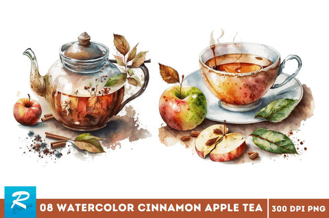 Watercolor Cinnamon Apple Tea Clipart Bundle Sublimation Regulrcrative 