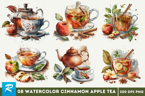 Watercolor Cinnamon Apple Tea Clipart Bundle Sublimation Regulrcrative 