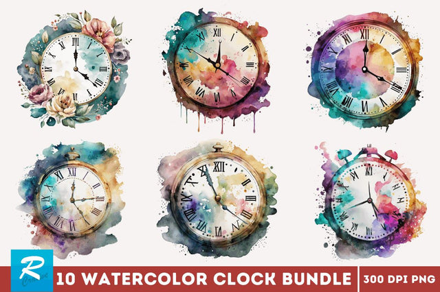 Watercolor Clock Clipart Bundle Sublimation Regulrcrative 