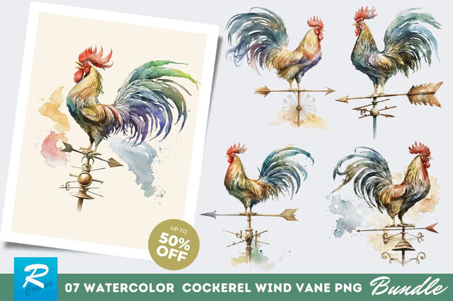 Watercolor Cockerel Wind Vane Clipart Bundle Sublimation Regulrcrative 