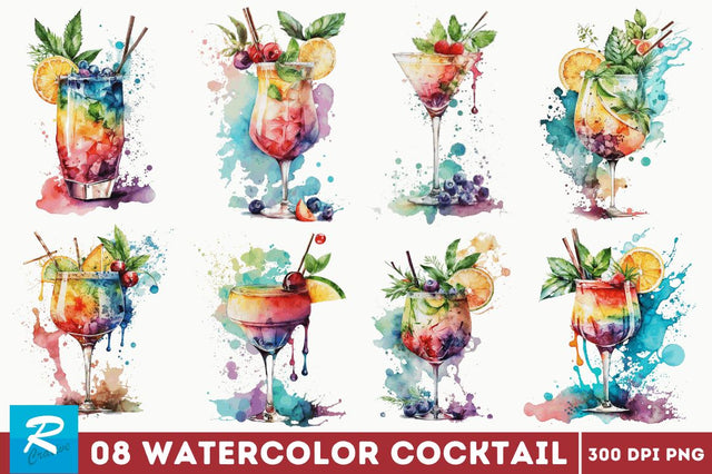 Watercolor Cocktail Clipart Bundle Sublimation Regulrcrative 