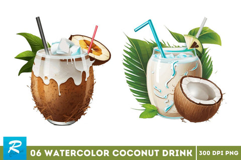 Watercolor Coconut Drink clipart bundle Sublimation Regulrcrative 