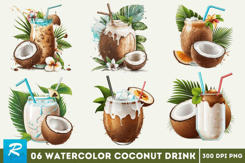 Watercolor Coconut Drink clipart bundle Sublimation Regulrcrative 