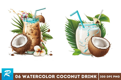 Watercolor Coconut Drink clipart bundle Sublimation Regulrcrative 