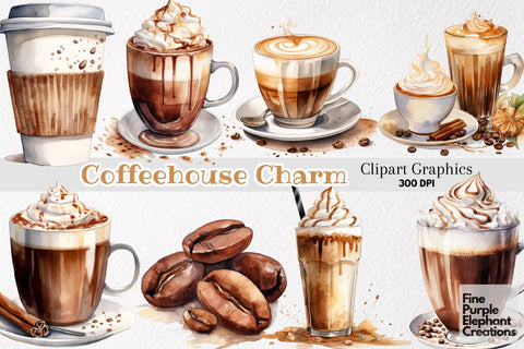 Watercolor Coffee Cafe Sublimation Fine Purple Elephant Creations 