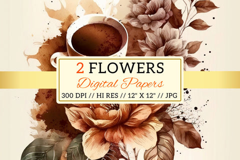 Watercolor coffee Floral Background, cup of coffee and flowers, cup of coffee with beans Digital Pattern FloridPrintables 