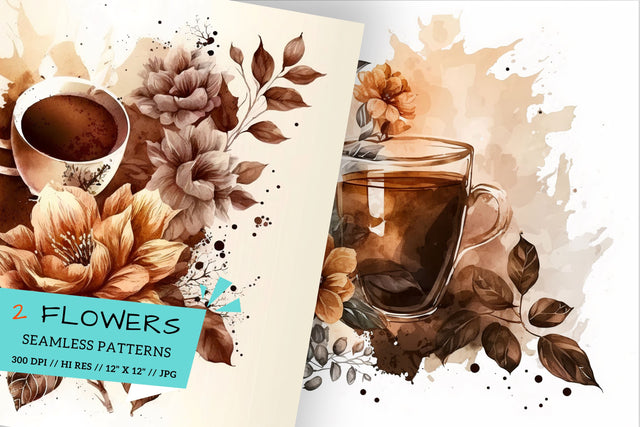 Watercolor coffee Floral Background, cup of coffee and flowers, cup of coffee with beans Digital Pattern FloridPrintables 