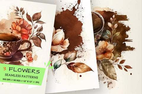 Watercolor coffee Floral Background, cup of coffee and flowers Digital Pattern FloridPrintables 