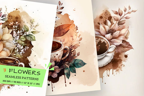 Watercolor coffee Floral Background, cup of coffee and flowers Digital Pattern FloridPrintables 