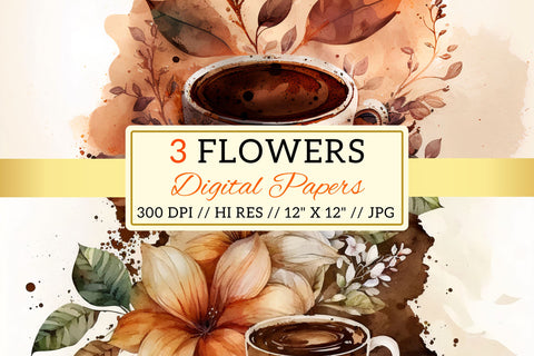 Watercolor coffee Floral Background, cup of coffee and flowers Digital Pattern FloridPrintables 