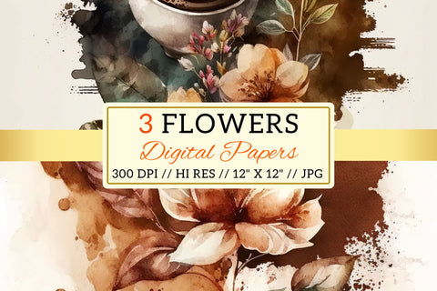 Watercolor coffee Floral Background, cup of coffee and flowers Digital Pattern FloridPrintables 