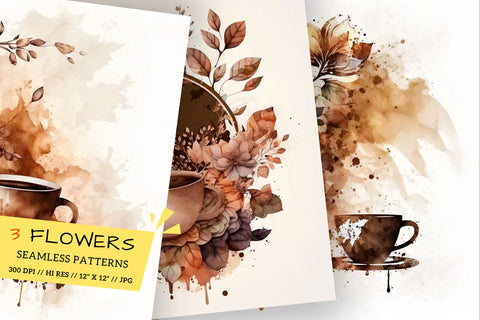Watercolor coffee Floral Background, cup of coffee and flowers, still life with coffee and flowers Digital Pattern FloridPrintables 