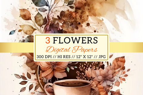 Watercolor coffee Floral Background, cup of coffee and flowers, still life with coffee and flowers Digital Pattern FloridPrintables 