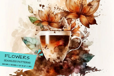 Watercolor coffee Floral Background, cup of coffee with beans Digital Pattern FloridPrintables 