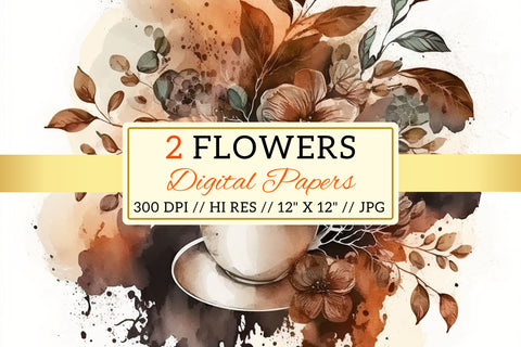 Watercolor coffee Floral Background, cup of coffee with flowers, cup, coffee, drink, tea, beverage, hot, cafe, breakfast, food, brown, Digital Pattern FloridPrintables 