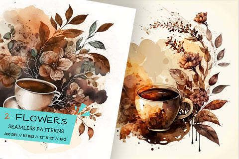 Watercolor coffee Floral Background, cup of coffee with flowers, cup, coffee, drink, tea, beverage, hot, cafe, breakfast, food, brown, Digital Pattern FloridPrintables 