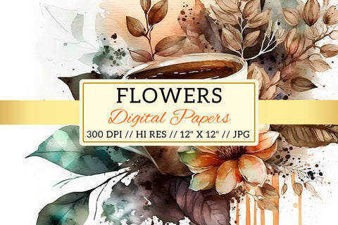Watercolor coffee Floral Background, cup of coffee with flowers, cup of coffee and beans Digital Pattern FloridPrintables 