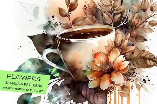 Watercolor coffee Floral Background, cup of coffee with flowers, cup of coffee and beans Digital Pattern FloridPrintables 