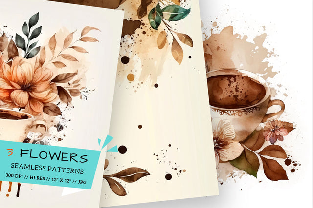 Watercolor coffee Floral Background, cup of coffee with flowers, cup of coffee with beans Digital Pattern FloridPrintables 