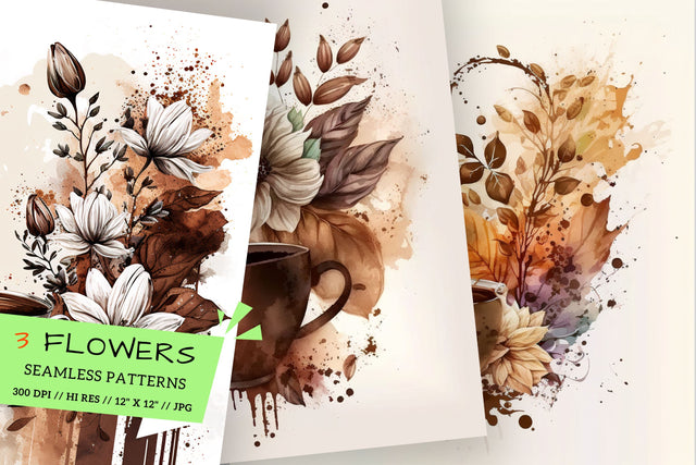 Watercolor coffee Floral Background, cup of coffee with flowers Digital Pattern FloridPrintables 