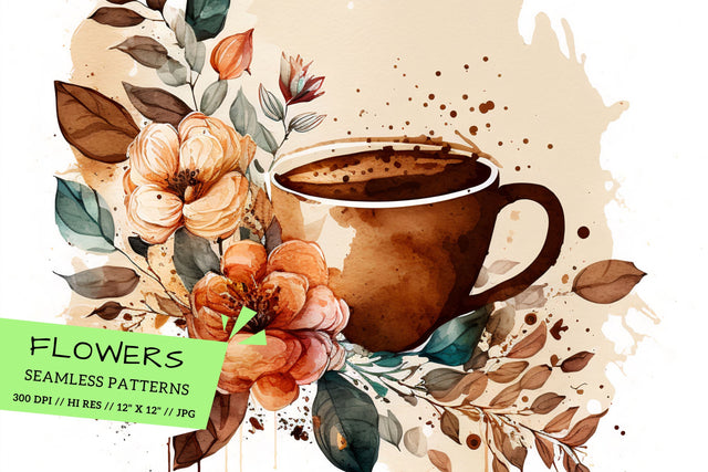 Watercolor coffee Floral Background, cup of coffee with flowers Digital Pattern FloridPrintables 