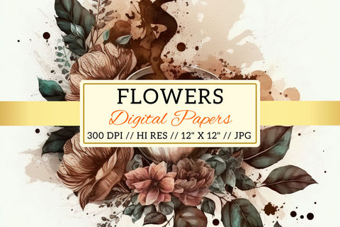Watercolor coffee Floral Background, cup of coffee with flowers Digital Pattern FloridPrintables 