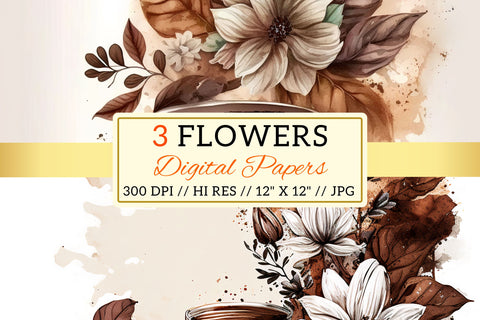 Watercolor coffee Floral Background, cup of coffee with flowers Digital Pattern FloridPrintables 