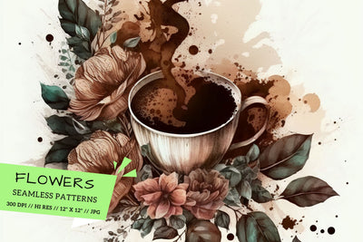 Watercolor coffee Floral Background, cup of coffee with flowers Digital Pattern FloridPrintables 