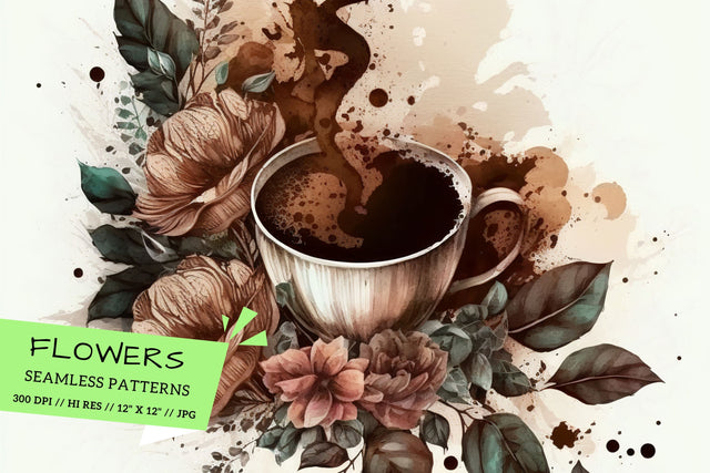 Watercolor coffee Floral Background, cup of coffee with flowers Digital Pattern FloridPrintables 