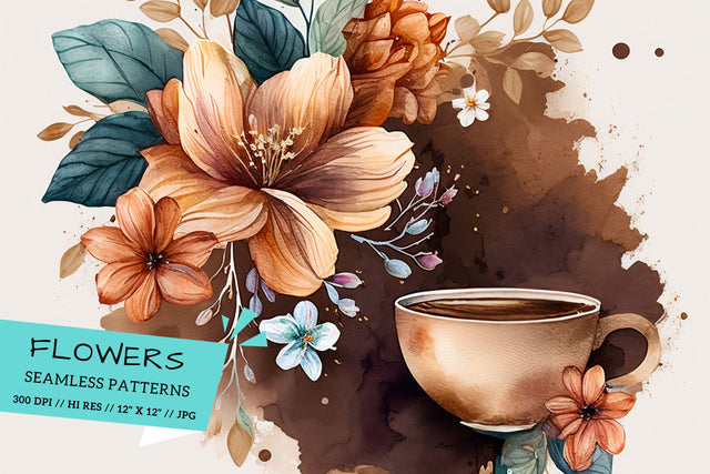Watercolor coffee Floral Background, cup of coffee with flowers, Watercolor coffee Floral Background, cup of coffee with flowers Digital Pattern FloridPrintables 