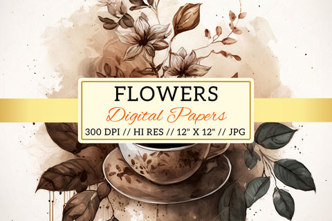 Watercolor coffee Floral Background, still life with coffee and flowers, cup of coffee with flower Digital Pattern FloridPrintables 